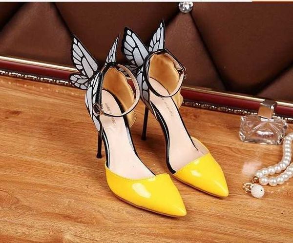 

sophia webster ladies real leather 9cm high heel sandals buckle black/white solid butterfly ornaments pillage yellow size34-42