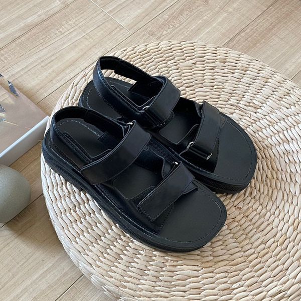 

designer summer new thick soled casual sandals women hook and loop fasteners retro literary fairy style student flat caligae, Black