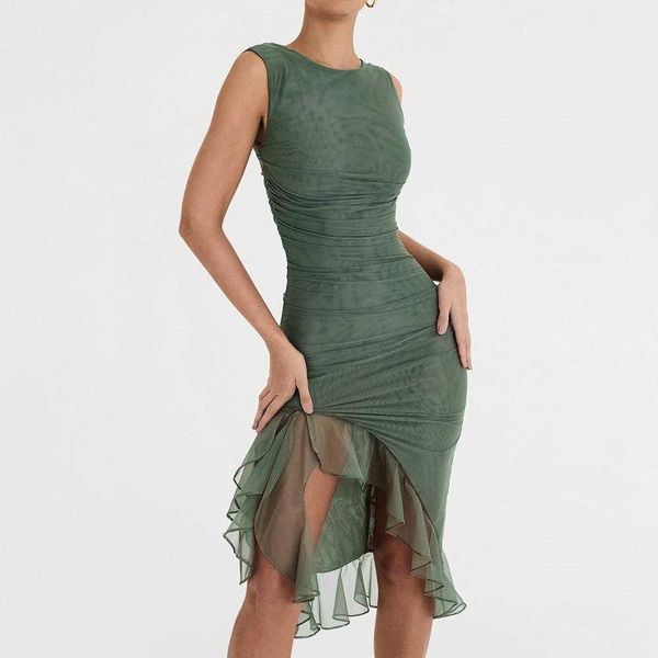 

fashion womens wear arrival dress mesh pleats ruffled irregular midi slim fit backless sleeveless, Black;gray