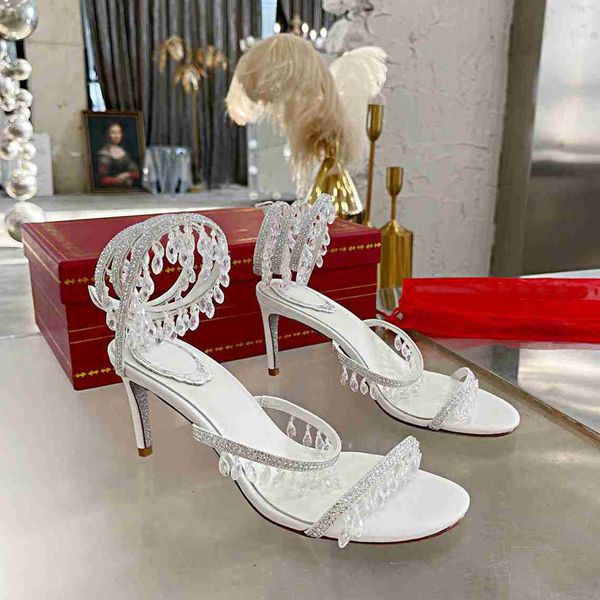 

rene caovilla women high heeled sandals designer crystal diamond luxury brand metal letter buckle womens slip pointed toe sandal slingback 7, Black