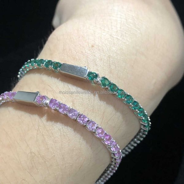 

hip hop style jewelry synthetic pink gem emerald 3mm tennis chain s925 sterling silver men's and women's bracelet spot wholesale