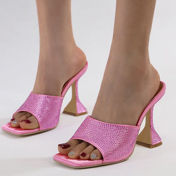 

liyke 2023 new summer crystal rhinestone strange heels slippers street woman square toes dress party shoes sandals size 41, Black