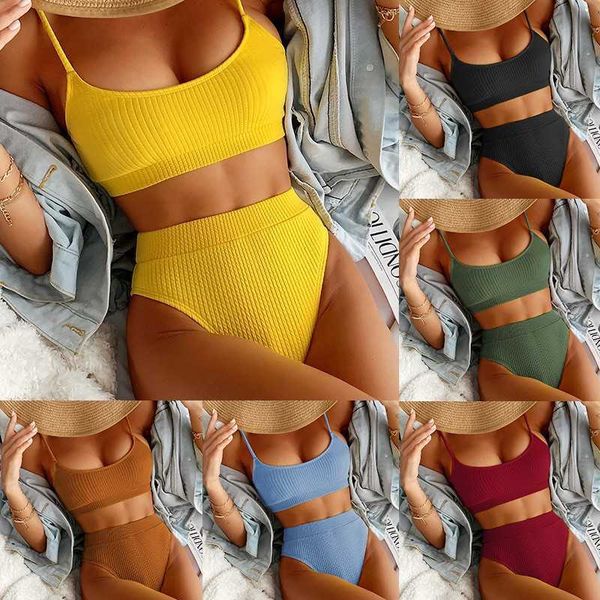 

women's swimwear u neck strap high waist spiral rib women two piece bikini set brazilian swimsuit set z0613, White;black