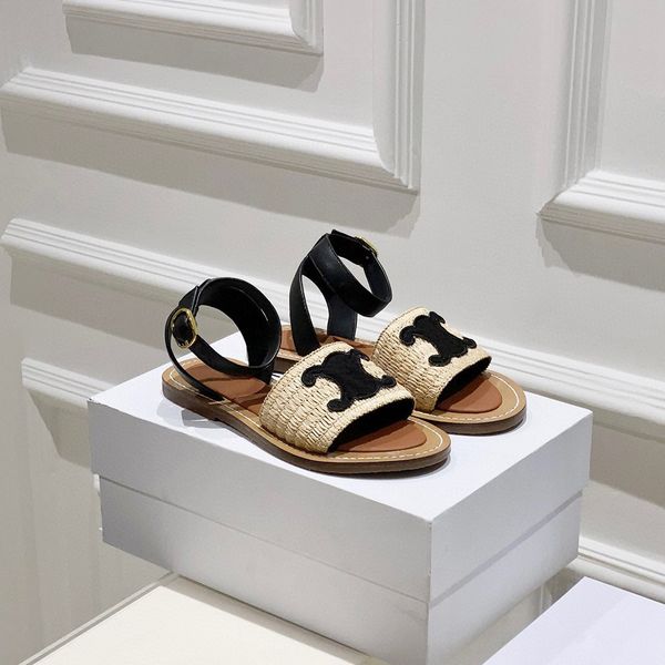 

new lympia flat slides raffia sandals triomphe embellished ankle strap open toe luxury designer women holiday flats gladiator sandal factory, Black