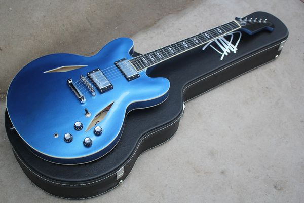 

dave grohl dg 33 pelham blue semi hollow body jazz electric guitar six-a-side headstock, double f holes, split diamond inlay, grover tuners