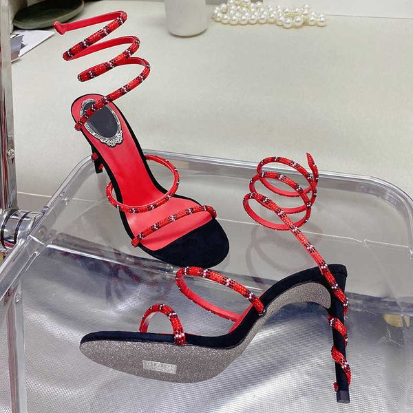 

rene caovilla stiletto heel sandals cleo crystal studded snake strass ankle wraparound dress shoes designers 9.5cm high heeled rhinestone, Black