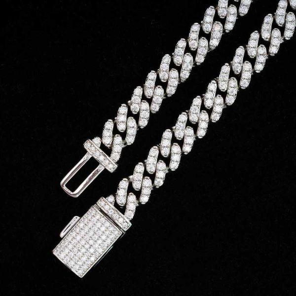 

qianjian gems hip hop 8mm width 925 sterling silver white gold plated moissanite cuban chain