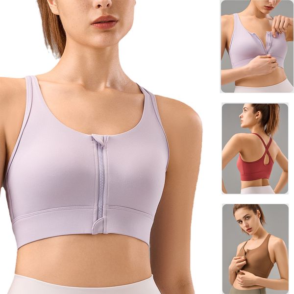 

lu bra women's front chest zipper one piece cup cross back high strength shockproof fitness bra tennis tank choseyoga