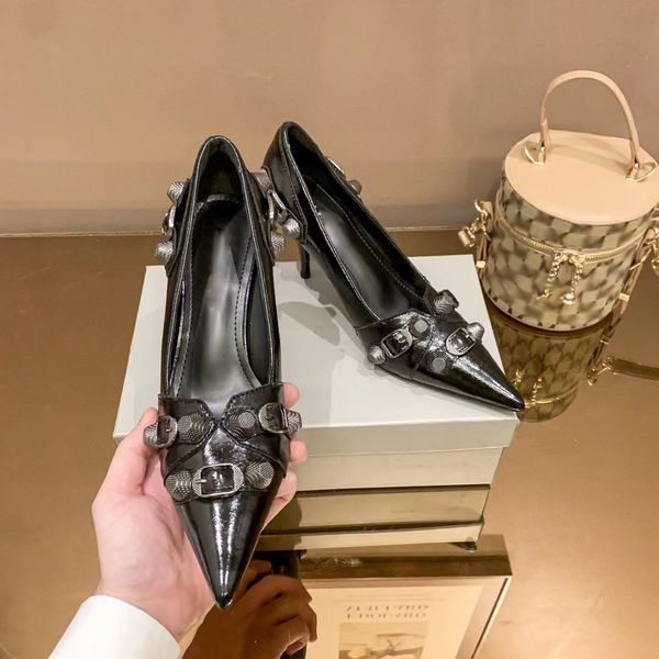 

famous high heel luxury brand women summer leather dress shoes designer black stiletto heel shoes wedding party dress shoes size 35-42 rivet