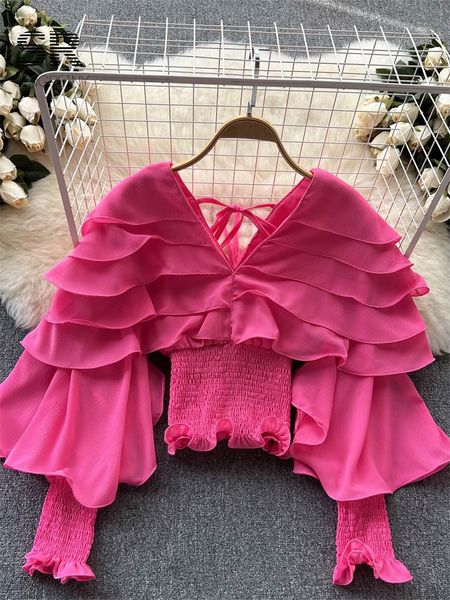 

t-shirt singreiny chiffon ruffles solid women shirt casual lantern sleeve v neck elastic elegant waist ladies autumn fashion chic blouse, White