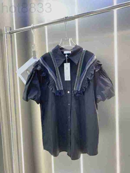 

women's blouses & shirts designer 2023 summer new style casual fashion slim and age reducing single breasted contrast panel short sleev, White