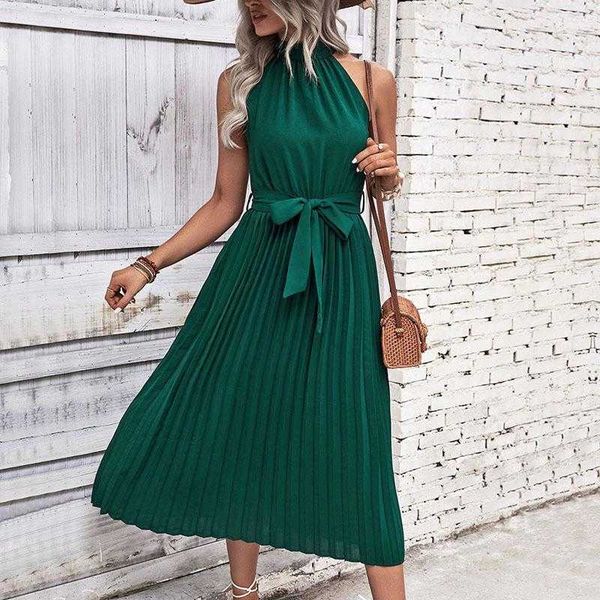 

summer mid length womens pleated dress halter empire polyester dresses, Black;gray
