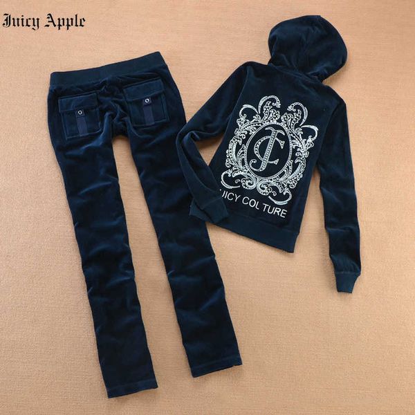

juicy apple tracksuit women velvet 2 piece outfit hooded sweatshirt and straight sweatpants matching set fitness sporty streetwear, Gray