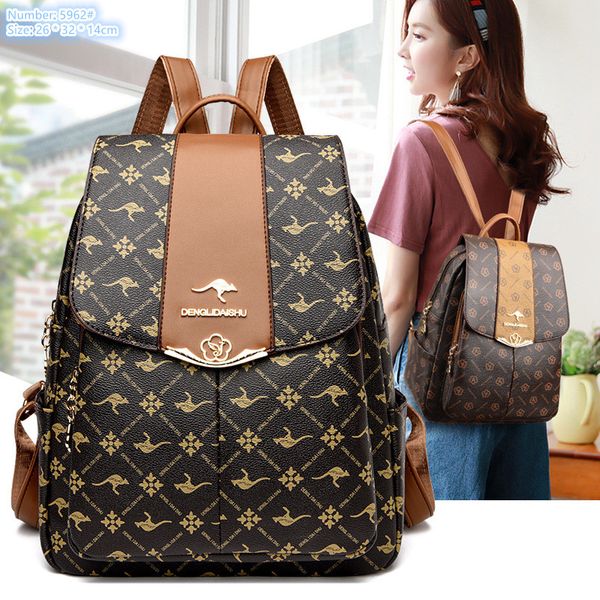 

wholesale ladies shoulder bags 3 colors flip color matching leather handbag simple casual printed backpacks street popular metal decorative fashion messenger bag, Brown