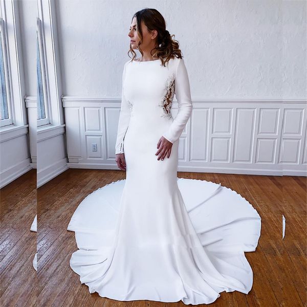 

back lace mermaid wedding dress for black women soft satin bridal gown with long sleeves see through train dress for bride, White