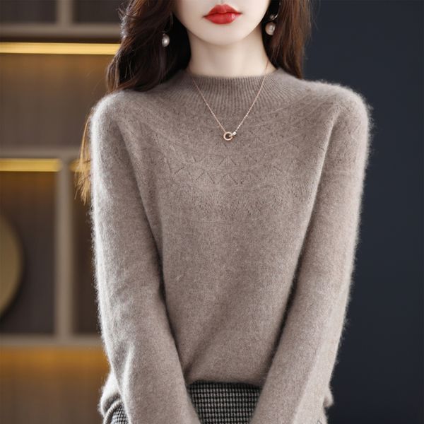 

100% cashmere sweater women's half-turtleneck slim seamless wool knitted bottoming shirt hollow loose in autumn and, White;black