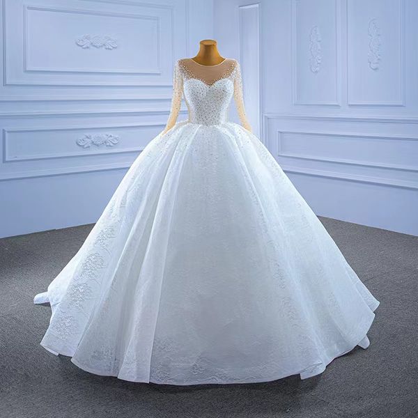 

luxury beaded a line wedding dresses floral lace applique long sleeves boho beach bridal gowns deep ivory tulle illusion crystal bride dress, White