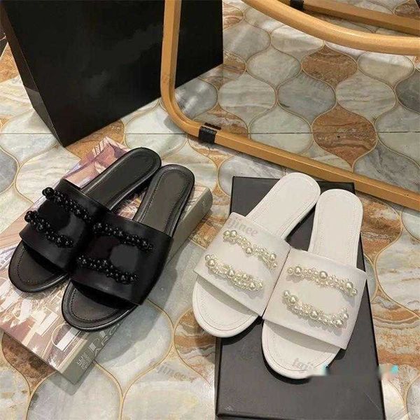 

2023-casual shoes designer women flat sandals leather pearl slides slippers white black fashion indoor