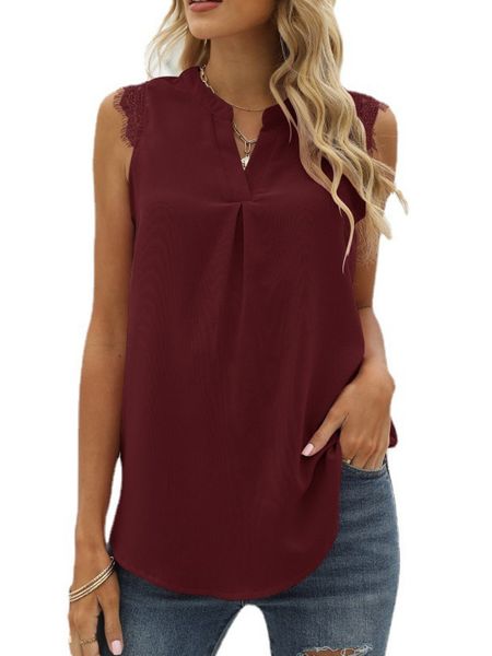 

women sleeveless blouse lace solid v-neck chiffon shirt for summer, White