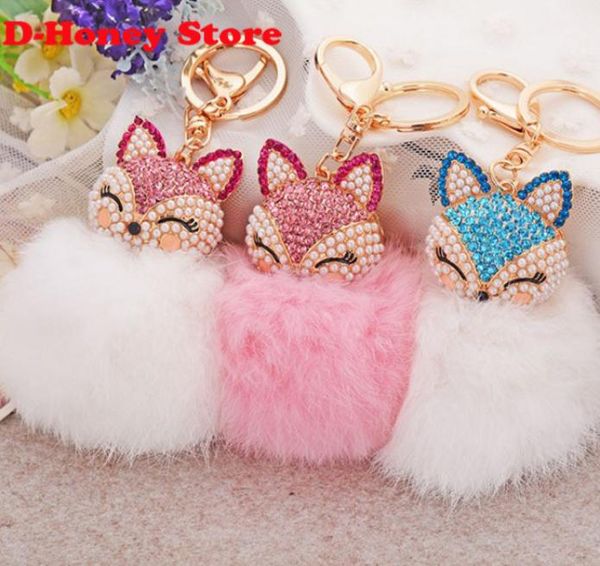 

16cm rabbit fur fox key chains bling rhinestone fox real rabbit fur ball fluffy keychain car key chain ring pendant bag charm4410482, Silver