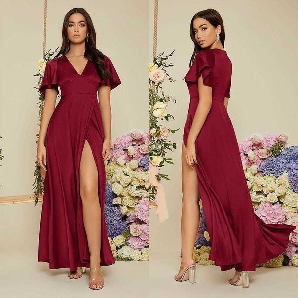 

fashion solid color and dresses v neck short sleeve high waist slit irregular dress women, Black;gray