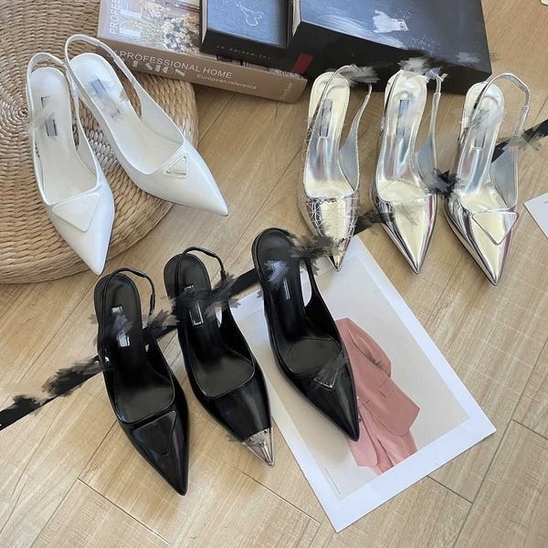 

2023 summer romantic & elegant triangle patent leather sandals stiletto shoes for women slingback pumps luxury footwear women high heels 7cm, Black