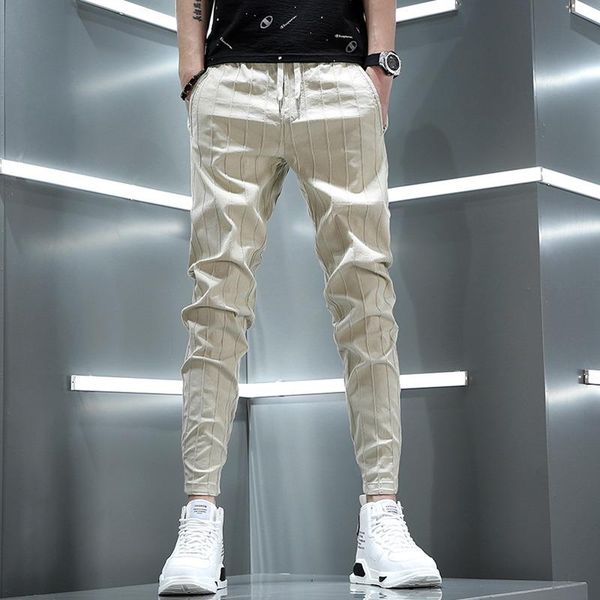 

pants pants men 2022 summer fashion striped jogging trousers streetwear casual khaki elastic waist drawstring slim fit joggers, Black