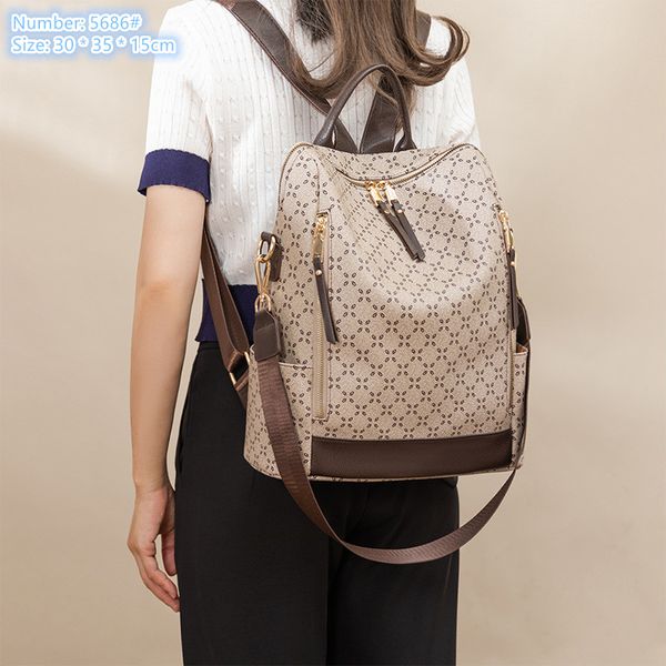 

Personality shoulder bag classic Joker khaki printed handbag large outdoor leisure leather travel backpack color matching double zipper fashion backpacks