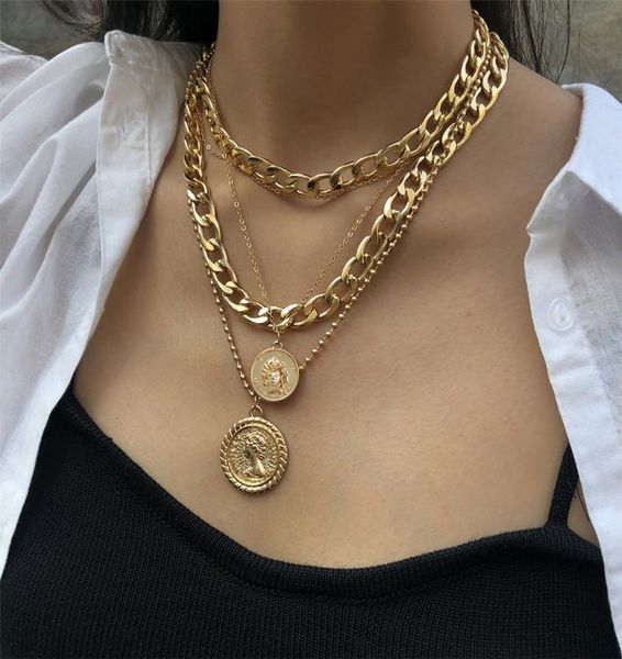 

women alloy multilayer round brand hip hop pendant necklace ladies fashion human head clavicle chain jewelry for gift9900321, Silver