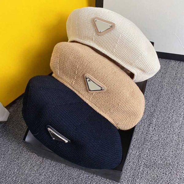 

designer ball caps inverted triangle ice silk beret british vintage thin straw knitted artist hat summer mesh bud hat straw hat flat hat hat, Blue;gray