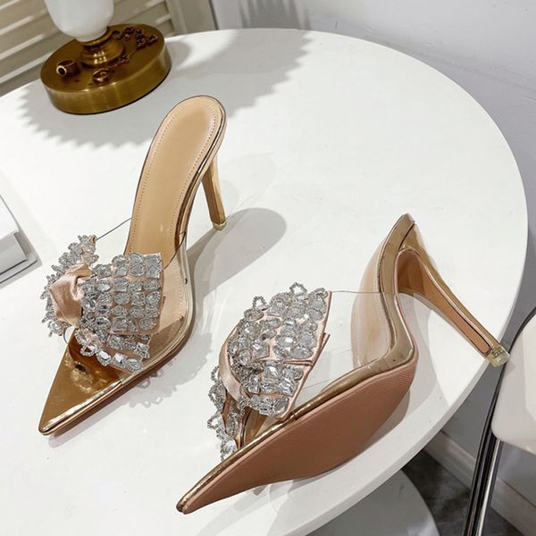 

liyke size 35-41 pointed toe mule high heels stripper slipper crystal bowknot pvc transparent shoes for women gold sandals, Black