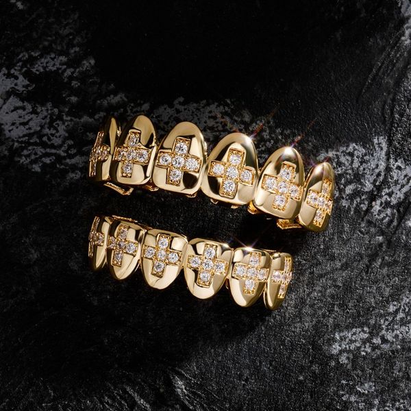 

new fashion grills silver gold plated full bling cz iced out teeth grillz bottom cross grills set jewelry gifts for men, Black