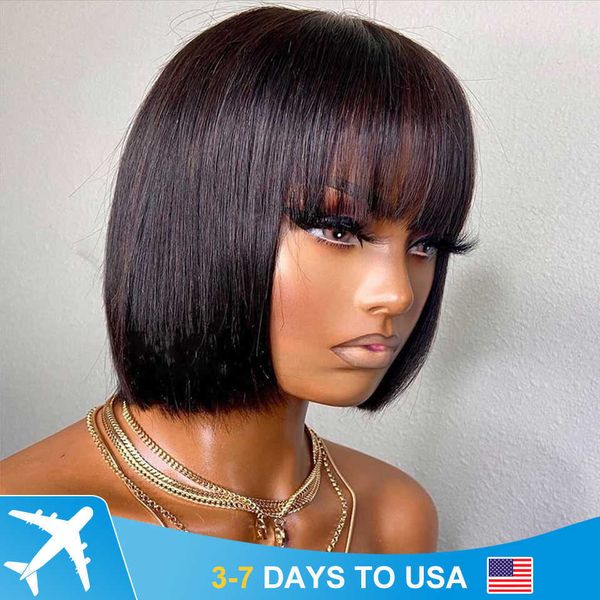 

lace wigs brazilian human hair wig with bangs remy straight hair bob wigs full machine made wig for women 8-16 inches no lace bob wigs z0613, Black;brown