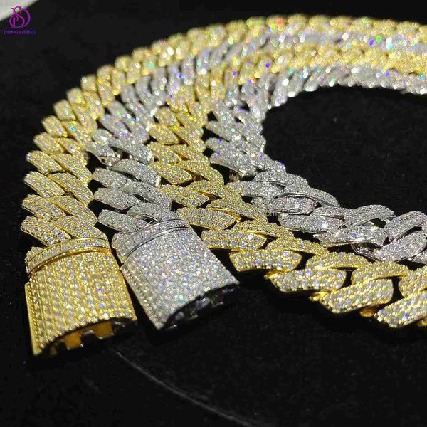 

dongsheng jewelry pass diamond tester 15mm width two row 925 sterling silver vvs moissanite cuban chain iced out necklace