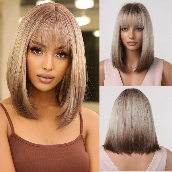 

lace wigs brown blonde ombre bob wigs for women cosplay wig with bangs dark roots gray natural hair synthetic wig z0613, Black;brown