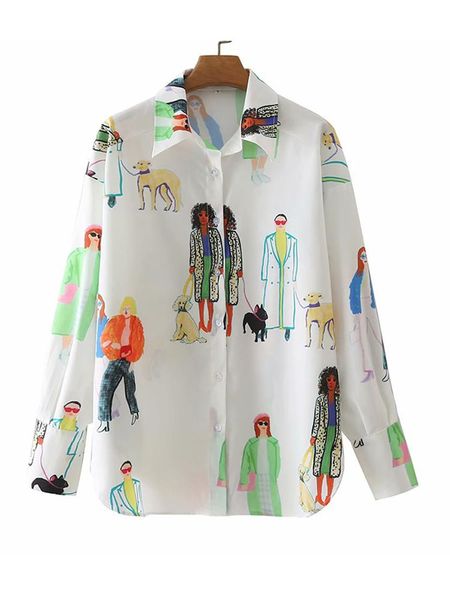 

shirts fashion character print blouse shirt women long sleeve streetwear female lapel collar ladies shirts summer blusas, White