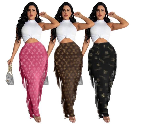 

designer womens dresses elegant brown flower print bodycon casual party dress women's tassel half-length skirt knit step package hip wr, Black