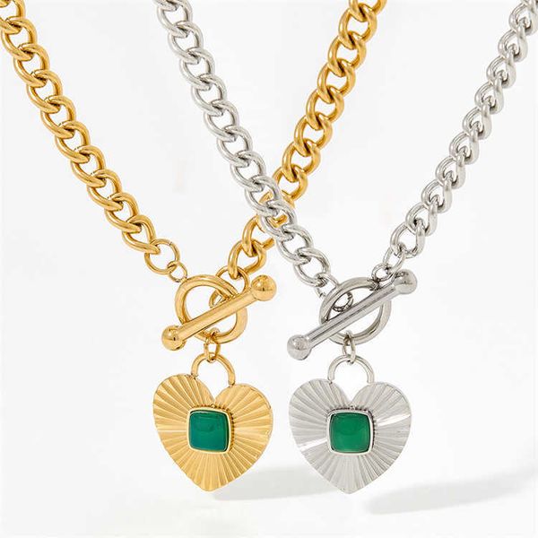 

natural emerald stone heart pendant stainless steel ot clasp gold plated cuban chain gemstone necklace for women, Silver