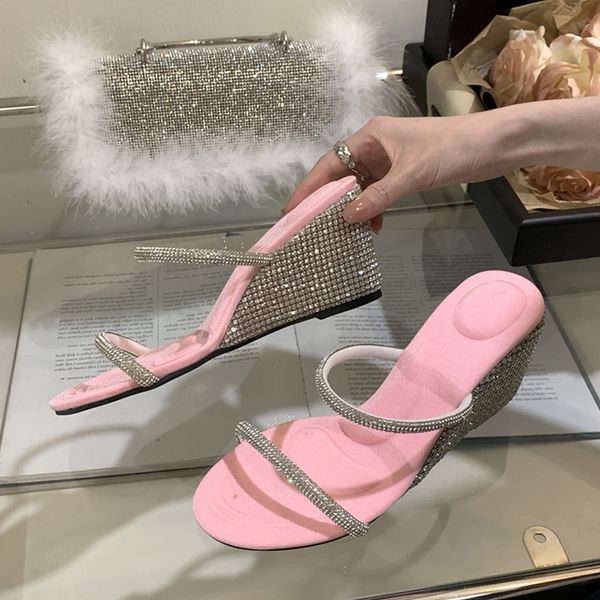 

liyke summer crystal narrow band open toe wedges shoes for women fashion glitter rhinestones high heels party slippers sandals, Black
