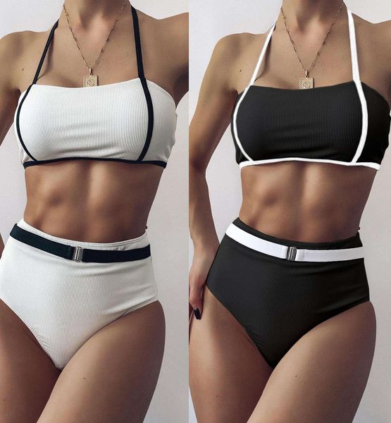 

womens black and white stitching split swimsuit bikini, White;black