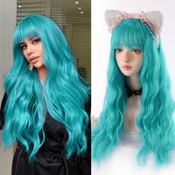 

lace wigs lvhan long water wave wig red green cosplay curls with bangs heat resistant synthetic hair for african american halloween party z0, Black;brown
