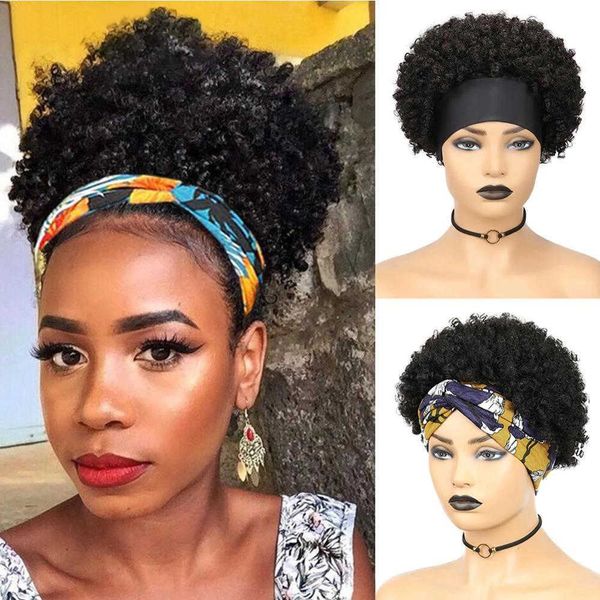 

lace wigs headband wig afro curly scarf wig brazilian remy human hair for african women turban wrap-wig afro puff half hair up-do wigs z0613, Black;brown