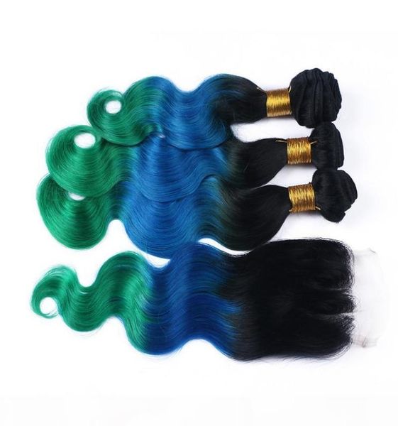 

1b blue teal ombre brazilian human hair 3bundles with closure three tone colored 4x4 part lace closure with brazilian hair bo6012324, Black
