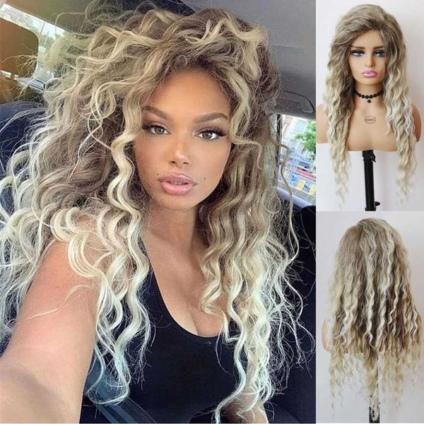 

lace wigs gnimegil synthetic womens wig long hair ash blonde curly wig female natural wavy dark roots 80s ombre wigs for white woman girl z0, Black;brown