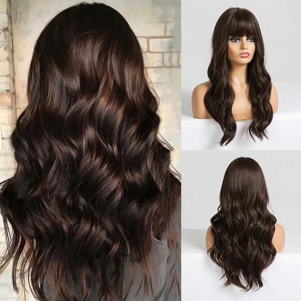 

lace wigs dark brown wigs for women long natural wavy wigs with bangs natural hair synthetic wig heat resistant daily cosplay z0613, Black;brown