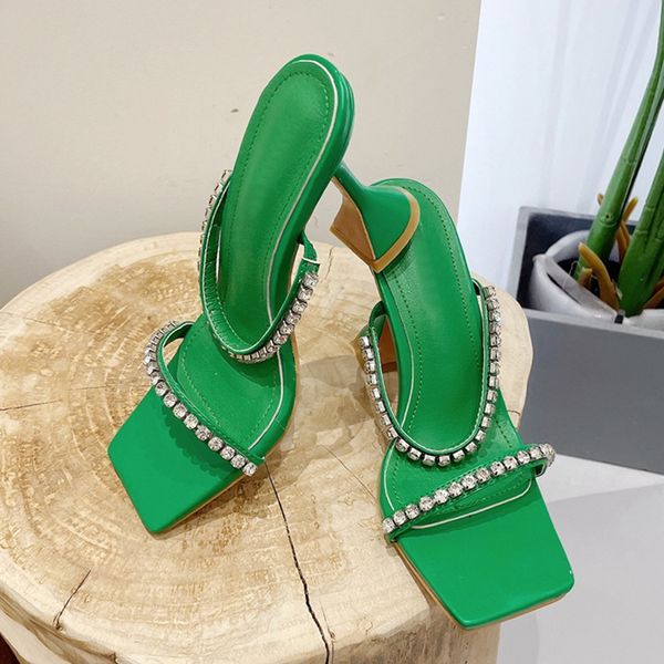 

liyke green strange high heels slipper for women summer fashion crystal narrow band square toe slides stripper party sandas shoe, Black