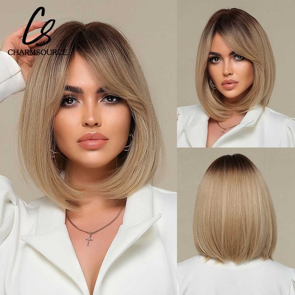 

lace wigs la sylphide bob ombre brown blonde wig with bangs natural woman wigs daily party lolita short wigs heat resistant hair z0613, Black;brown