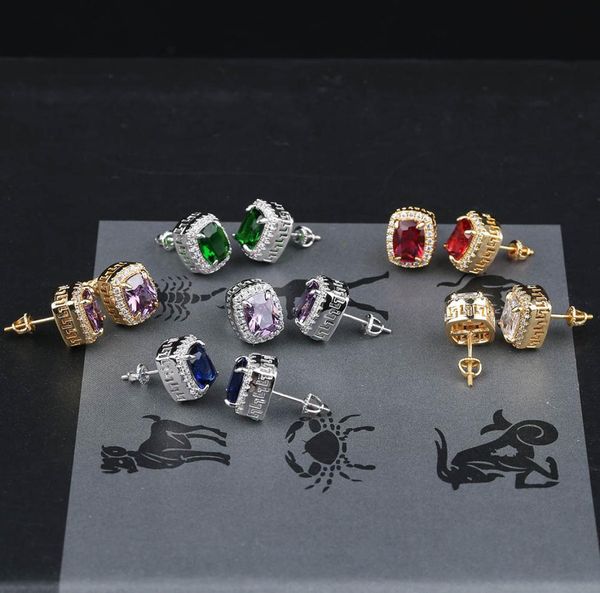 

mens hip hop stud earrings jewelry colorful gemstone fashion gold silver square simulated diamond earring1194197, Golden;silver