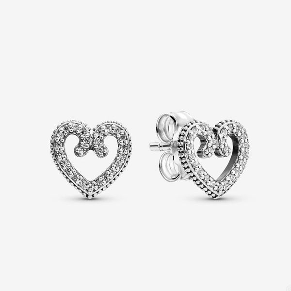 

heart swirl stud earrings for pandora authentic sterling silver wedding earrigns designer jewelry for women luxury love earring with origina, Golden;silver