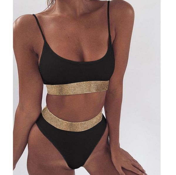 

shiny bikini set push up swimwears high waist swimsuit women string strap biquini 2020 solid beachwear bathing suit4694970